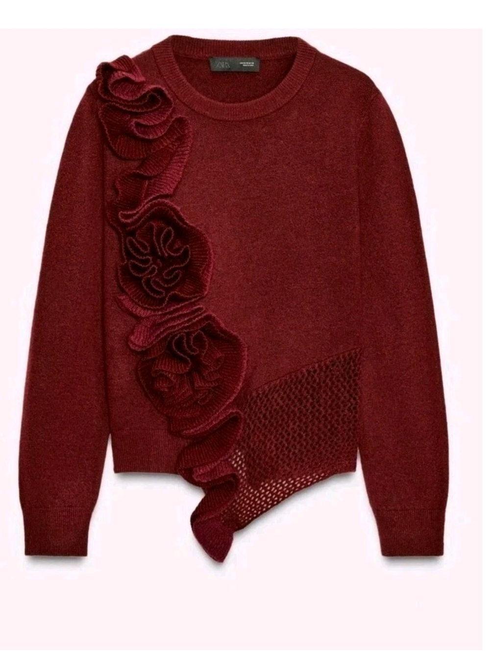 ZARA Floral Applique Sweater NWT 3D Flower Knit Size L _Burgundy